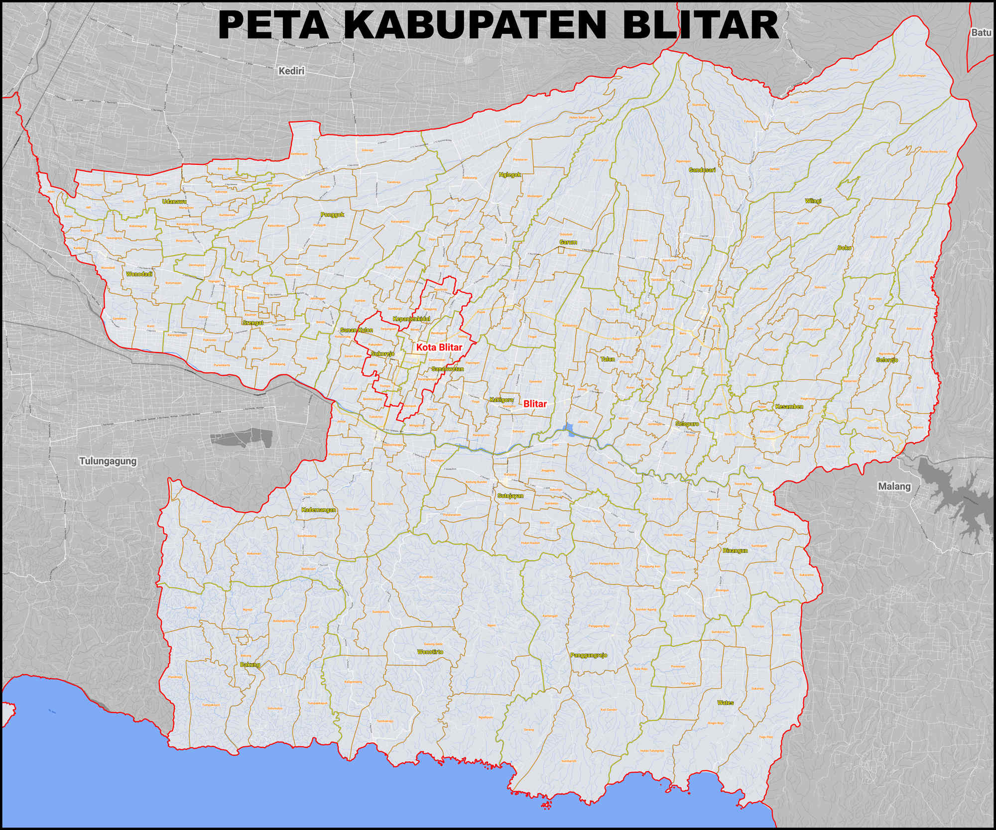 peta kabupaten blitar kecamatan dan kelurahan 90x75cm